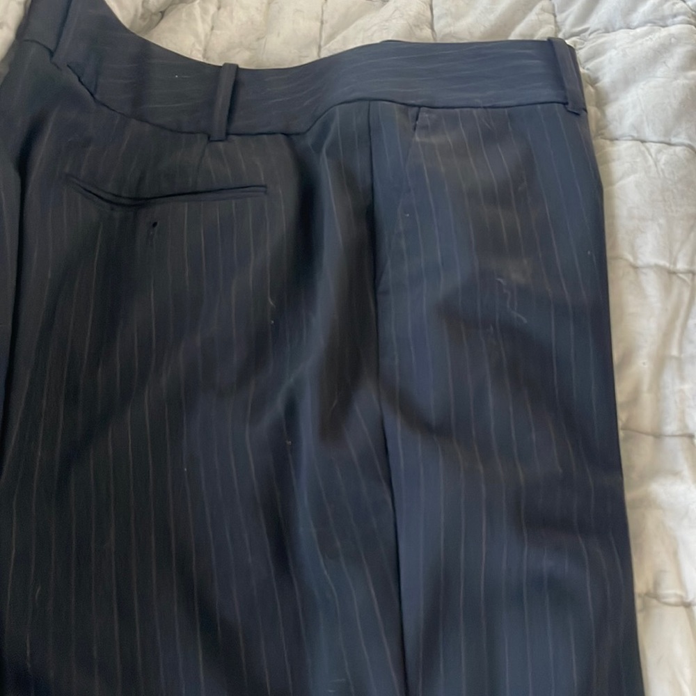 Navy pinstripe flat front trouser